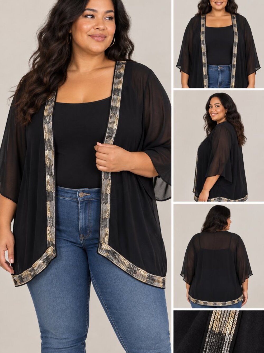 💖 2/$40 Torrid Black Sheer Kimono with Metallic Gold Sequin Trim